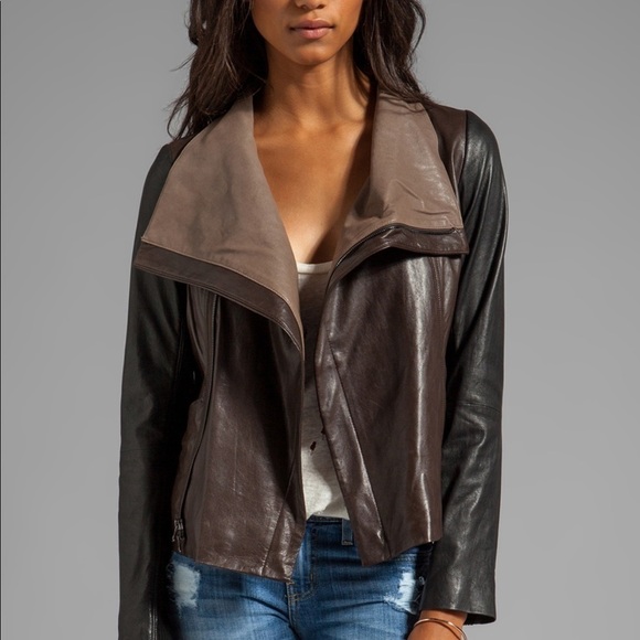 VINCE Colorblock Black Leather Wrap Moto Jacket - Picture 6 of 12